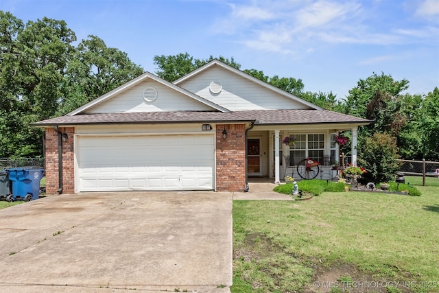 30103 S 4210th Rd, Inola, OK 74036 - single story home featuring brick siding, covered porch, concrete driveway, a shingled roof, and an attached garage