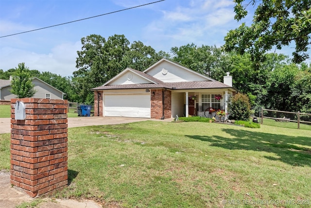 30103 S 4210th Rd, Inola, OK 74036 - view of front of property with concrete driveway, an attached garage, a chimney, brick siding, and covered porch