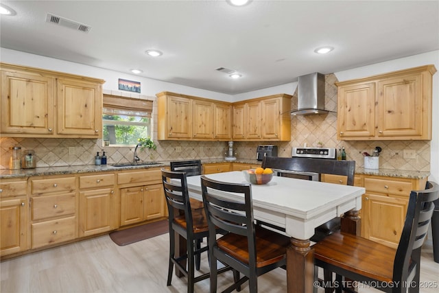 110094 S 4680th Rd, Gans, OK 74936 - kitchen with wall chimney range hood, decorative backsplash, electric stove, recessed lighting, and light brown cabinets