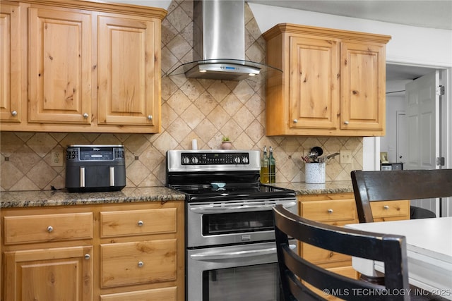 110094 S 4680th Rd, Gans, OK 74936 - kitchen with range with two ovens, wall chimney exhaust hood, backsplash, and stone counters