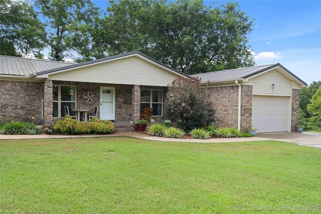 110094 S 4680th Rd, Gans, OK 74936 - ranch-style house with an attached garage, brick siding, driveway, and a front yard