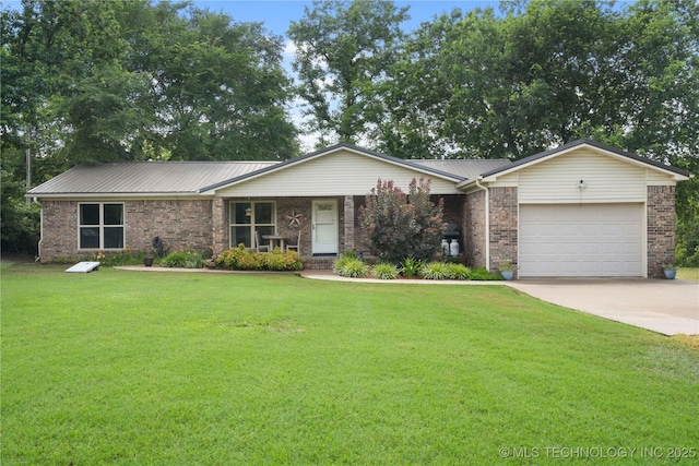 110094 S 4680th Rd, Gans, OK 74936 - view of front facade featuring a garage, a front lawn, concrete driveway, and a metal roof