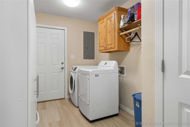 110094 S 4680th Rd, Gans, OK 74936 - washroom featuring electric panel, washer and dryer, cabinet space, and light wood-style flooring