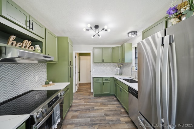 2331 S 99th E Ave, Tulsa, OK 74129 - kitchen featuring green cabinets, appliances with stainless steel finishes, dark wood-style flooring, backsplash, and a chandelier