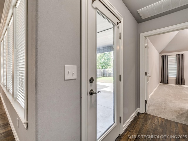 5815 E 144th St S, Bixby, OK 74008 - doorway to outside featuring dark wood-style flooring and vaulted ceiling