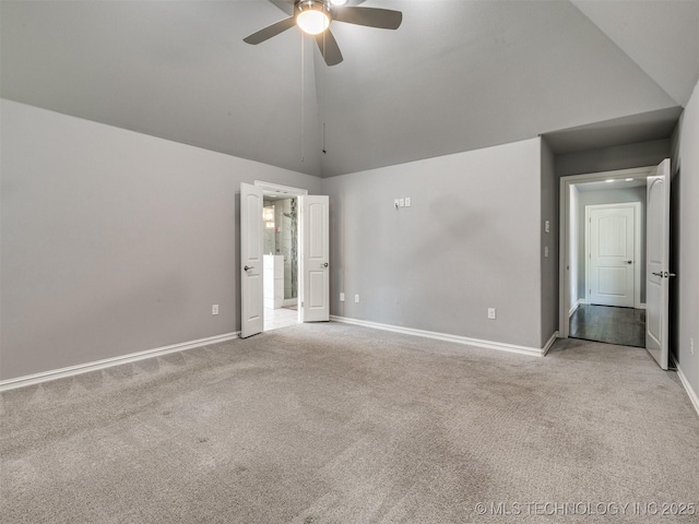 5815 E 144th St S, Bixby, OK 74008 - unfurnished bedroom with carpet, high vaulted ceiling, ceiling fan, and connected bathroom