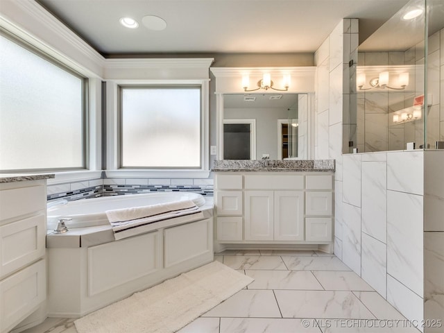 5815 E 144th St S, Bixby, OK 74008 - bathroom with marble look tiles, a bath, vanity, a tile shower, and recessed lighting