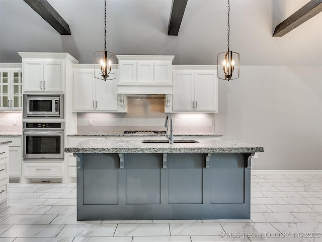 5815 E 144th St S, Bixby, OK 74008 - kitchen featuring appliances with stainless steel finishes, light marble finish flooring, a chandelier, light stone counters, and beamed ceiling