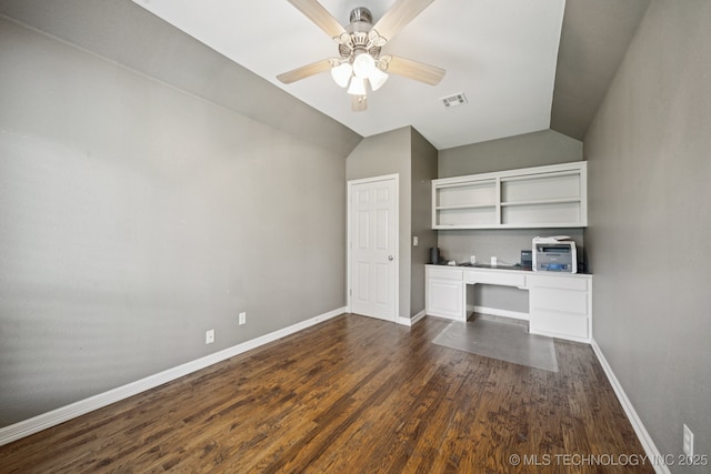 4205 N Narcissus Ave, Broken Arrow, OK 74012 - unfurnished office with built in study area, dark wood finished floors, a ceiling fan, and vaulted ceiling