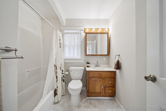 1601 E 6th St, Okmulgee, OK 74447 - full bathroom featuring vanity, shower / tub combo, and marble finish flooring