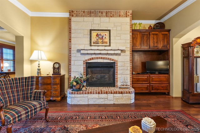 800 Magnolia, Ada, OK 74820 - living area with dark wood-style flooring, ornamental molding, and a stone fireplace