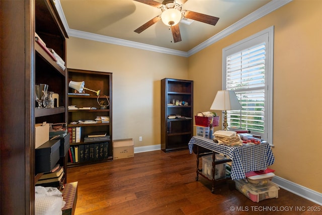 800 Magnolia, Ada, OK 74820 - home office featuring crown molding, wood finished floors, and ceiling fan