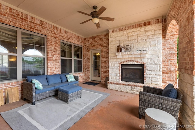 800 Magnolia, Ada, OK 74820 - view of patio / terrace featuring an outdoor living space with a fireplace and a ceiling fan