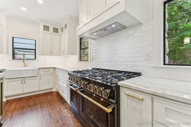 2605 S St Louis Ave, Tulsa, OK 74114 - kitchen with double oven range, tasteful backsplash, light stone counters, white cabinets, and crown molding