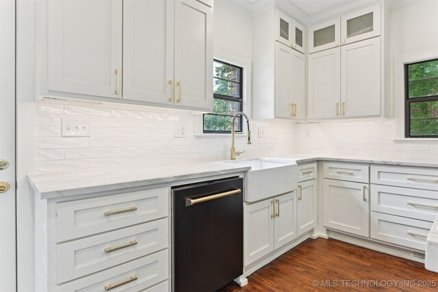 2605 S St Louis Ave, Tulsa, OK 74114 - kitchen featuring dishwasher, light stone countertops, tasteful backsplash, white cabinetry, and glass insert cabinets