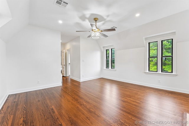 2605 S St Louis Ave, Tulsa, OK 74114 - unfurnished living room with ceiling fan, wood finished floors, recessed lighting, and vaulted ceiling