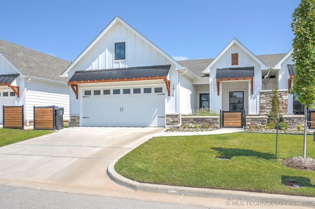1914 W Imperial St, Broken Arrow, OK 74011 - modern farmhouse with board and batten siding, roof with shingles, concrete driveway, a front lawn, and an attached garage