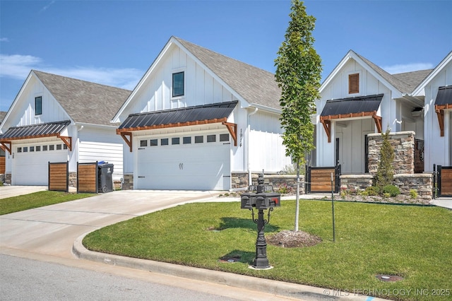 1914 W Imperial St, Broken Arrow, OK 74011 - modern farmhouse style home featuring board and batten siding, roof with shingles, a front yard, and stone siding