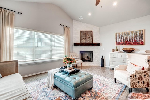1914 W Imperial St, Broken Arrow, OK 74011 - living room featuring wood finished floors, a fireplace, a ceiling fan, recessed lighting, and high vaulted ceiling