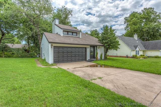 5117 S Lions Ave, Broken Arrow, OK 74011 - mid-century modern home featuring concrete driveway, a front yard, an attached garage, and a chimney