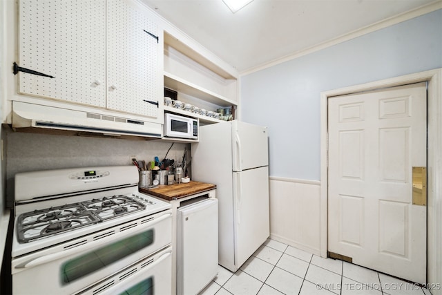 1210 E 15th St, Ada, OK 74820 - kitchen featuring white appliances, under cabinet range hood, ornamental molding, open shelves, and wainscoting
