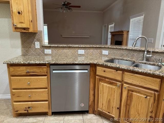 9 Arrowhead, Burneyville, OK 73430 - kitchen with dishwasher, tasteful backsplash, a ceiling fan, crown molding, and light stone counters