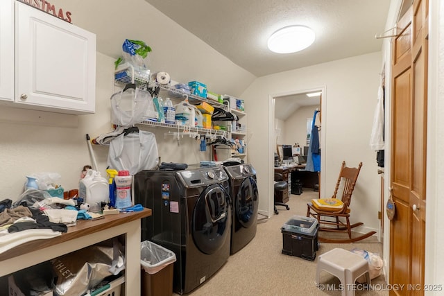 3107 E 84th St, Tulsa, OK 74137 - washroom with cabinet space, washer and dryer, light colored carpet, and a textured ceiling