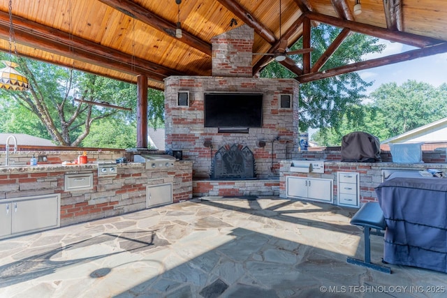 3107 E 84th St, Tulsa, OK 74137 - view of patio / terrace with a gazebo, area for grilling, and an outdoor brick fireplace