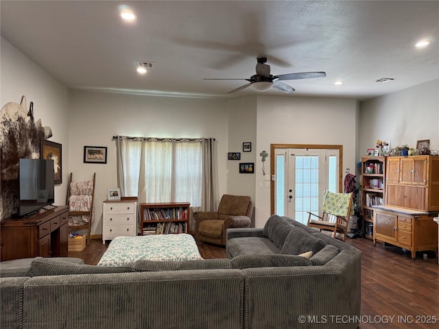 13560 S 4150th Rd, Claremore, OK 74017 - living area featuring ceiling fan, dark wood-style floors, and recessed lighting