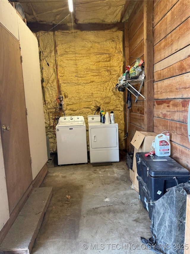 13560 S 4150th Rd, Claremore, OK 74017 - washroom with washer and dryer and wooden walls