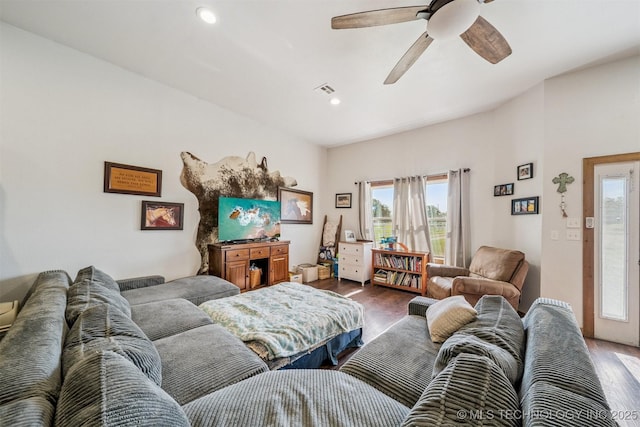 13560 S 4150th Rd, Claremore, OK 74017 - living area featuring wood finished floors, healthy amount of natural light, a ceiling fan, and recessed lighting
