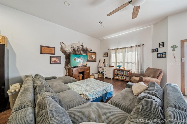 13560 S 4150th Rd, Claremore, OK 74017 - living room with dark wood-style floors and a ceiling fan