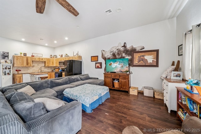 13560 S 4150th Rd, Claremore, OK 74017 - living area featuring dark wood-style flooring, a ceiling fan, and recessed lighting