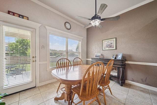 8483 N 68th E Ave, Owasso, OK 74055 - dining space featuring a ceiling fan, crown molding, healthy amount of natural light, and light tile patterned floors