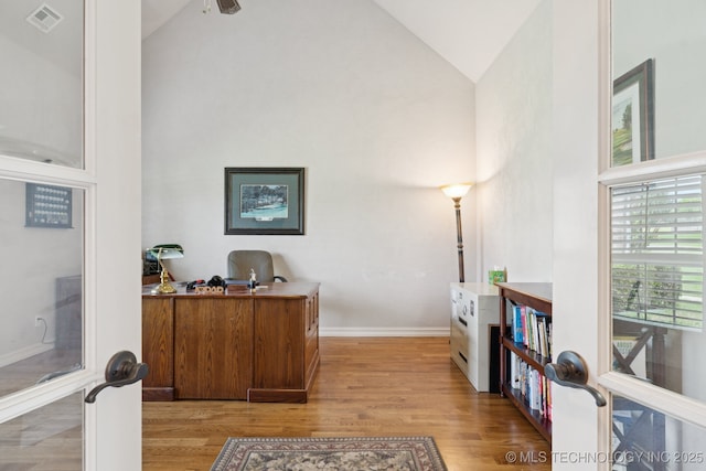 8483 N 68th E Ave, Owasso, OK 74055 - office area with high vaulted ceiling, light wood finished floors, and a ceiling fan