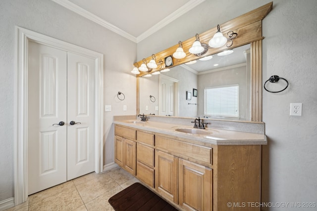 8483 N 68th E Ave, Owasso, OK 74055 - bathroom with ornamental molding, double vanity, and tile patterned flooring