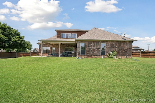 8483 N 68th E Ave, Owasso, OK 74055 - back of house featuring ceiling fan, a fenced backyard, brick siding, and a patio area