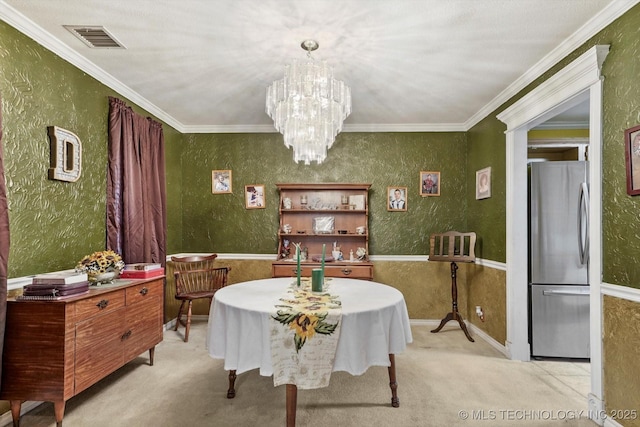 1720 S Juniper Ave, Broken Arrow, OK 74012 - dining room with light colored carpet, a chandelier, and crown molding