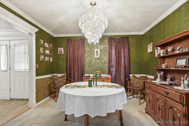 1720 S Juniper Ave, Broken Arrow, OK 74012 - dining space with crown molding, a chandelier, and light carpet