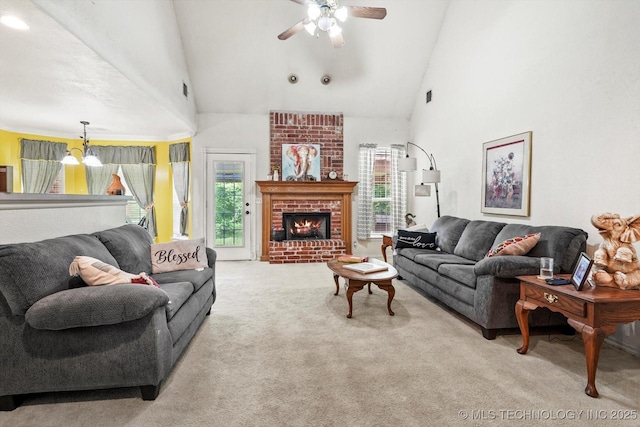 1720 S Juniper Ave, Broken Arrow, OK 74012 - living room with carpet, a ceiling fan, high vaulted ceiling, and a fireplace
