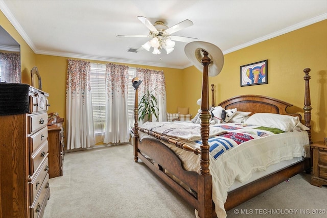 1720 S Juniper Ave, Broken Arrow, OK 74012 - bedroom with light carpet, crown molding, and ceiling fan