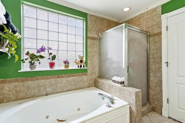 1720 S Juniper Ave, Broken Arrow, OK 74012 - full bath featuring a stall shower, a whirlpool tub, healthy amount of natural light, and ornamental molding