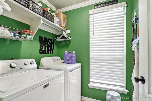 1720 S Juniper Ave, Broken Arrow, OK 74012 - washroom featuring washing machine and clothes dryer and crown molding