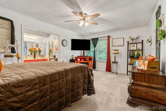 2528 W Commercial St, Broken Arrow, OK 74012 - bedroom featuring crown molding, carpet flooring, a textured ceiling, and ceiling fan