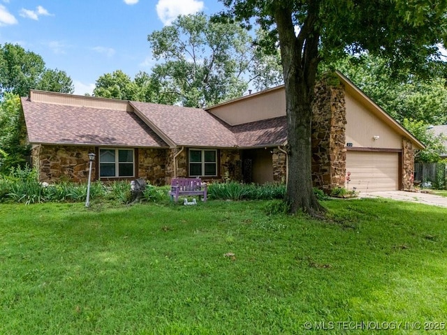 2528 W Commercial St, Broken Arrow, OK 74012 - view of front facade with stone siding, an attached garage, a front yard, and roof with shingles