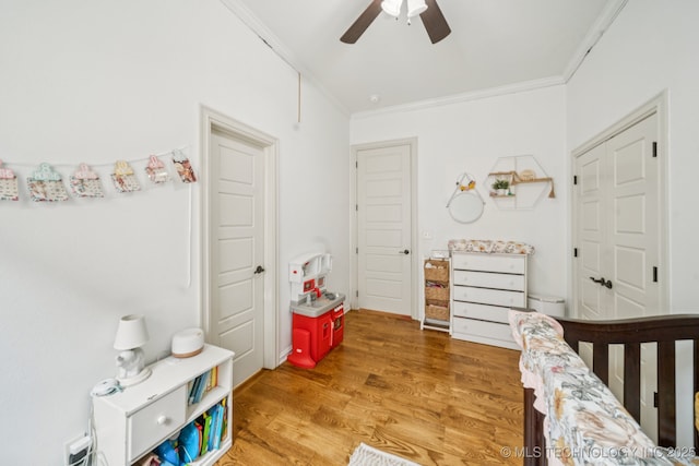 905 W Elmira St, Broken Arrow, OK 74012 - bedroom featuring ornamental molding, light wood-style floors, and ceiling fan