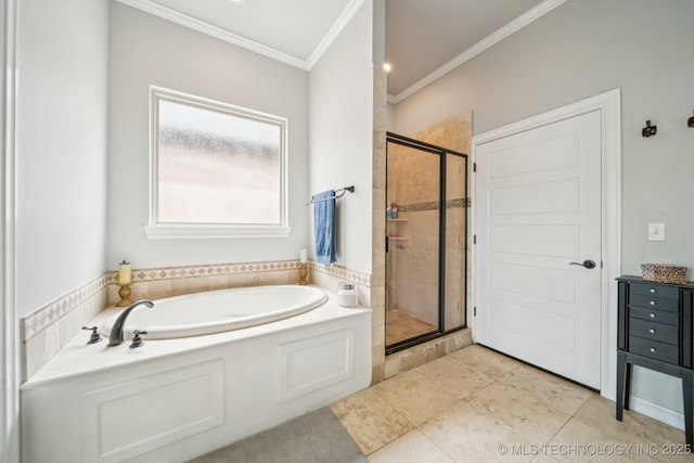905 W Elmira St, Broken Arrow, OK 74012 - bathroom with a garden tub, crown molding, a shower stall, tile patterned floors, and vanity