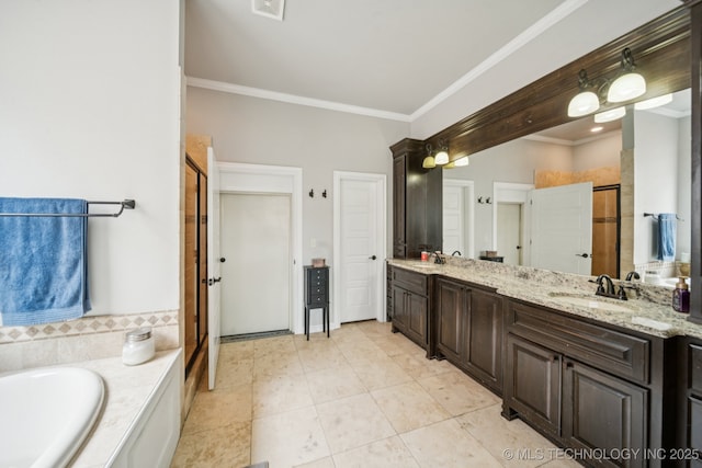 905 W Elmira St, Broken Arrow, OK 74012 - bathroom with double vanity, ornamental molding, a garden tub, and a stall shower