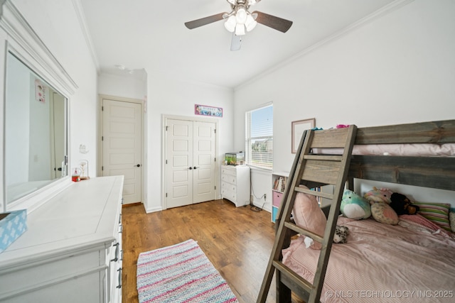 905 W Elmira St, Broken Arrow, OK 74012 - bedroom with crown molding, wood finished floors, and ceiling fan