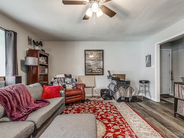 4640 E 68th St Unit 185, Tulsa, OK 74136 - living room with ceiling fan, wood finished floors, and a textured ceiling